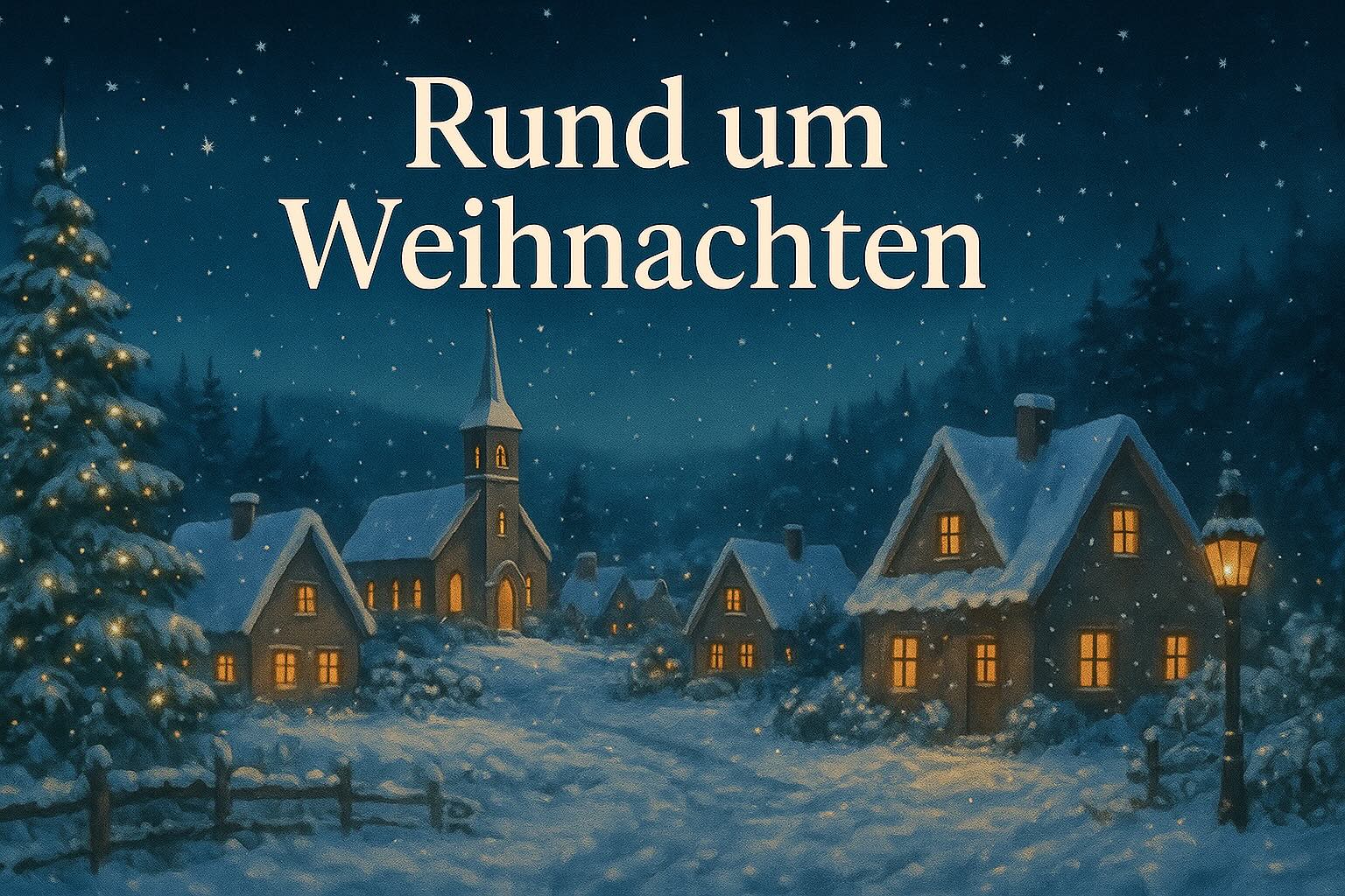 Verschneites Weihnachtsdorf im Abendlicht